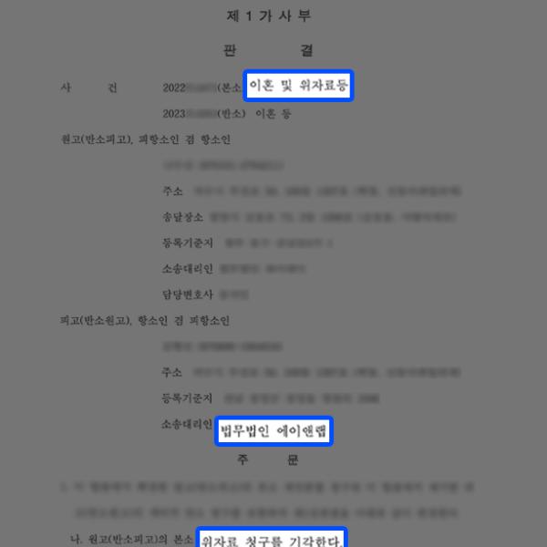 [이혼소송] 이혼소송 피고 대리하여 위자료 기각 및 재산분할 1억 2천 방어 성공